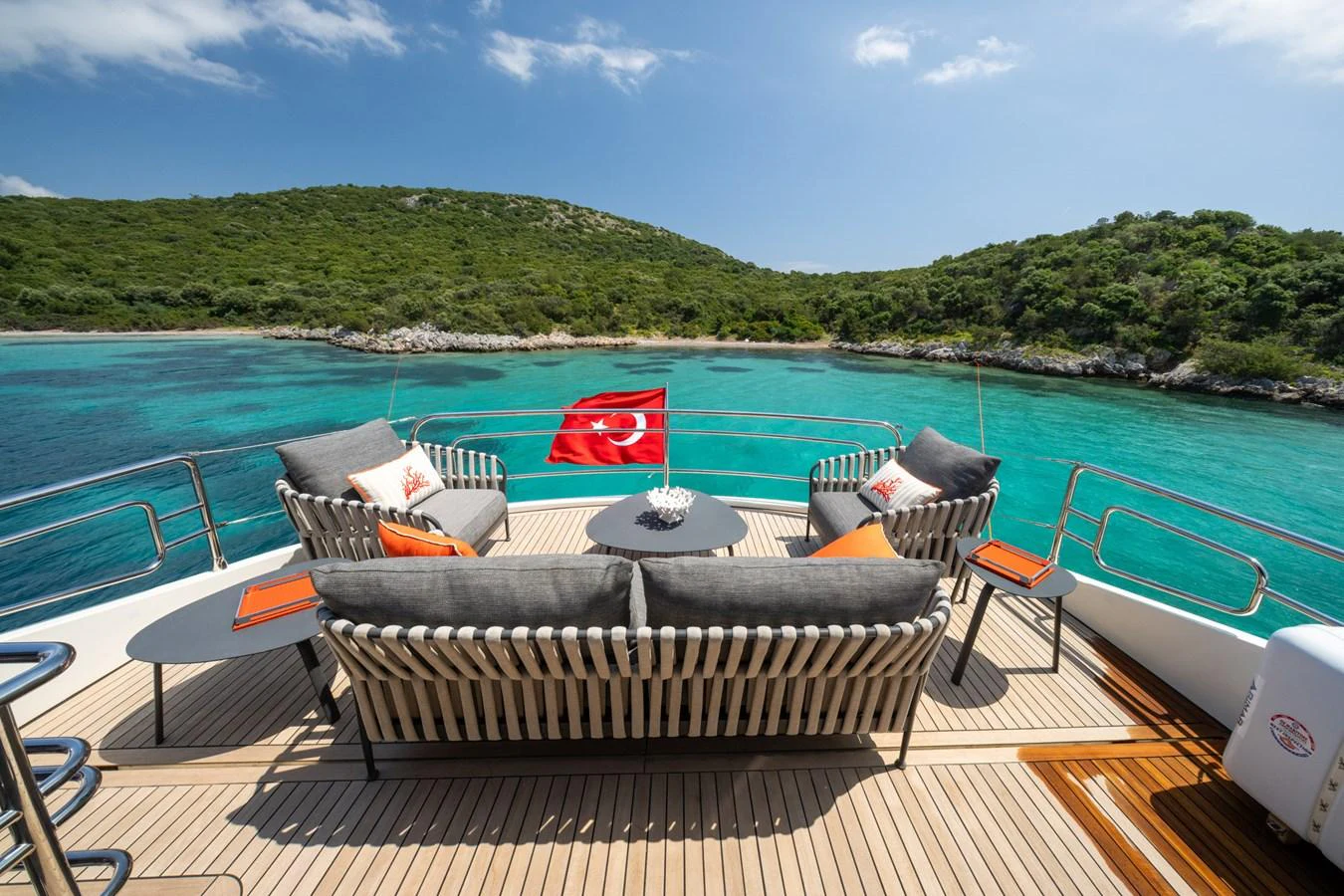 The aft deck offers a comfortable seating area with stunning views of the surrounding waters. aboard BELLA LUNA Yacht for Sale