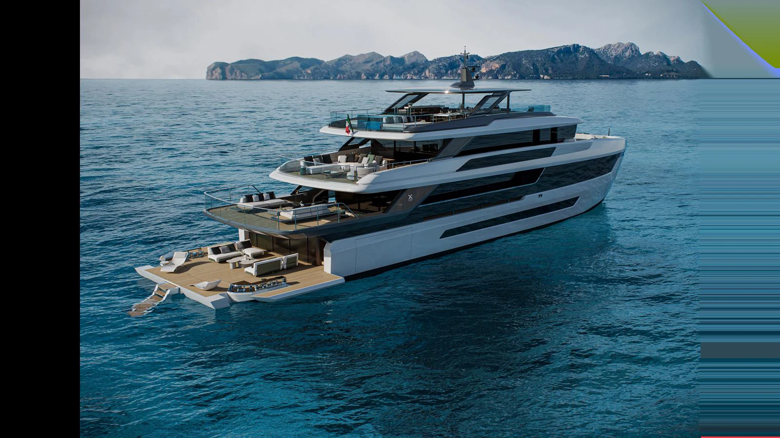 A sleek and modern yacht cruises through calm waters with a scenic backdrop. aboard X130 TRIPLEX Yacht for Sale