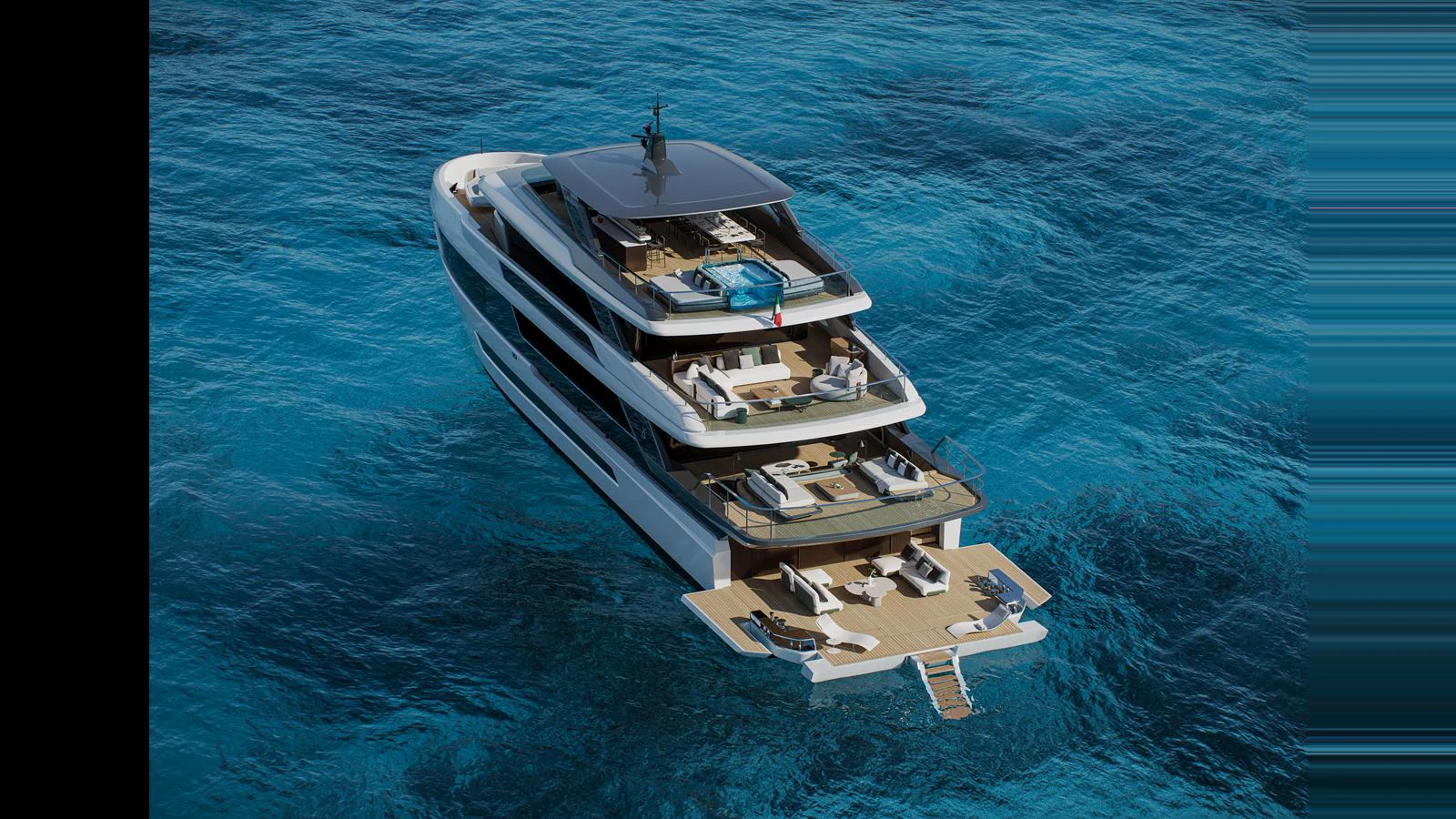 A luxurious multi-deck yacht cruising on clear blue waters, showcasing its expansive outdoor living spaces. aboard X130 TRIPLEX Yacht for Sale