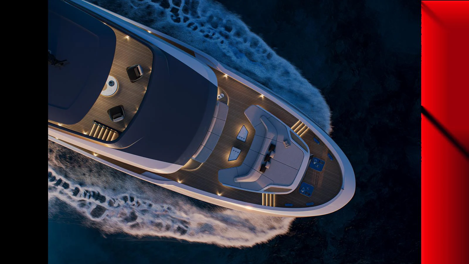 An elegant yacht cruises through the water, illuminated beautifully in the evening light. aboard X130 TRIPLEX Yacht for Sale