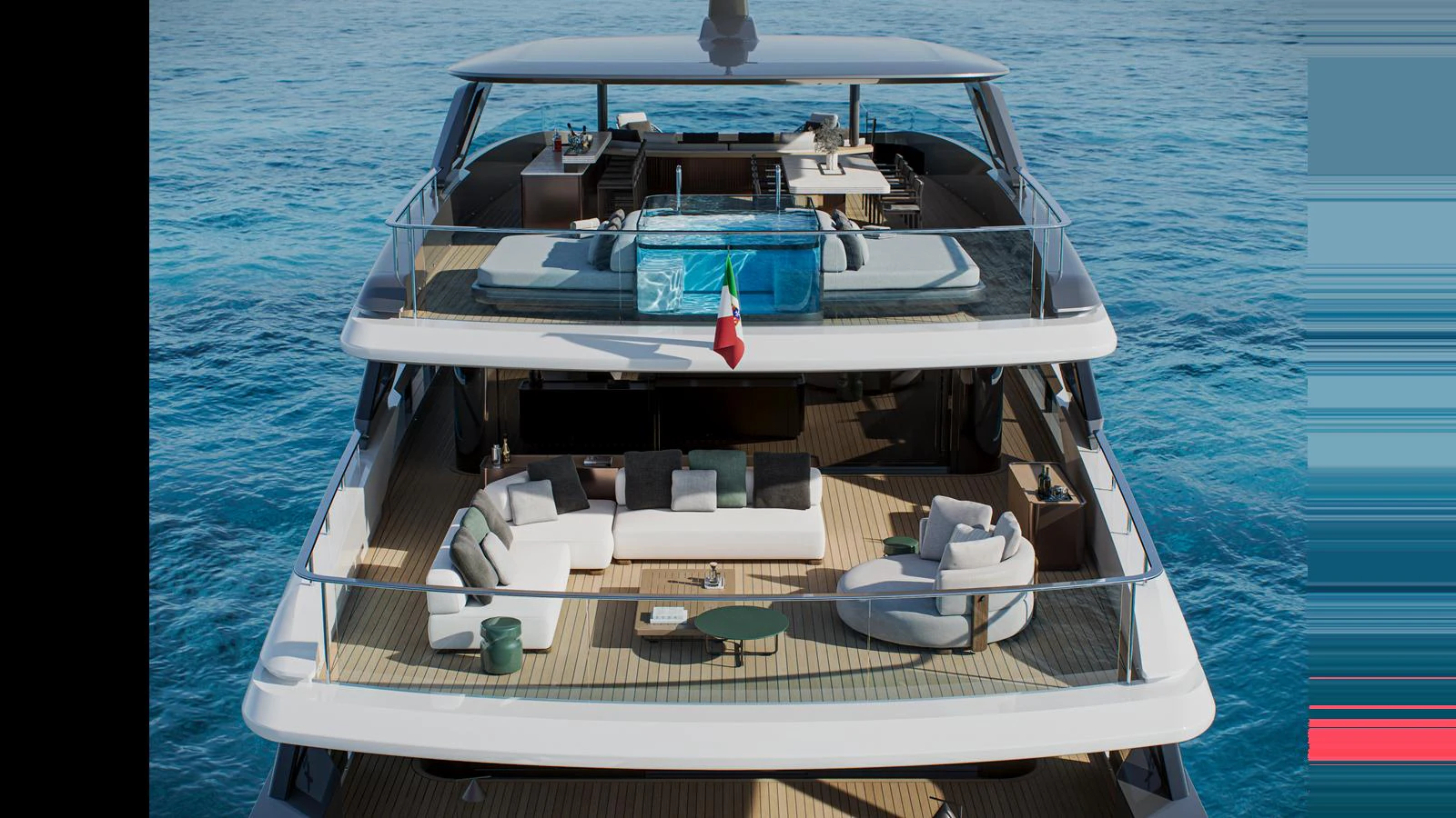 The yacht's spacious aft deck features multiple lounging areas and a stunning pool, perfect for relaxation and entertainment. aboard X130 TRIPLEX Yacht for Sale