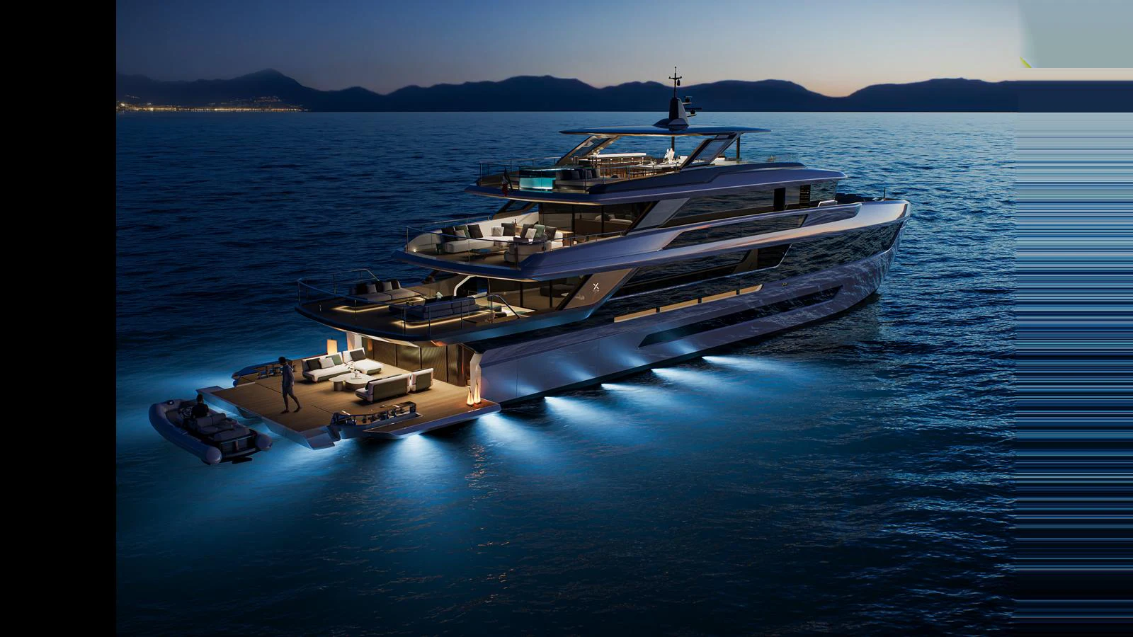 A luxurious yacht illuminated at dusk, showcasing multiple decks and elegant design. aboard X130 TRIPLEX Yacht for Sale