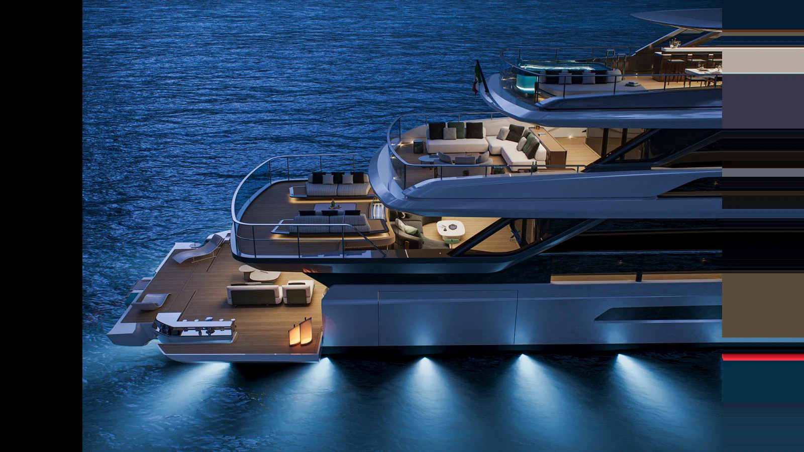 The yacht's elegant aft deck is beautifully illuminated, showcasing multiple levels of luxurious outdoor living spaces. aboard X130 TRIPLEX Yacht for Sale