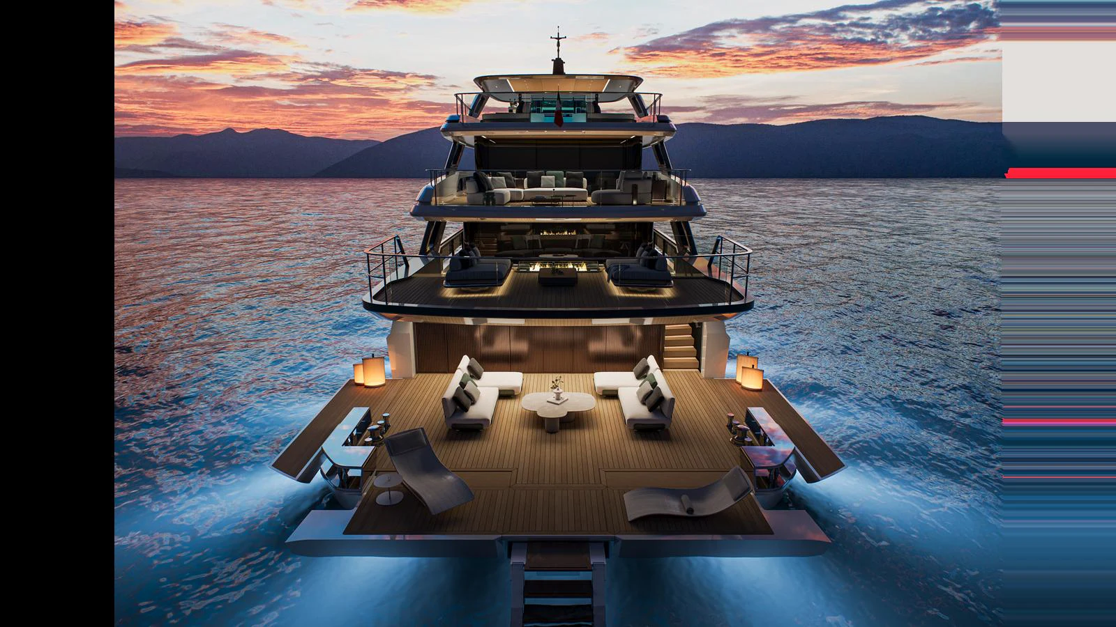 The yacht's aft deck is beautifully illuminated against a stunning sunset backdrop, showcasing luxurious outdoor seating and lounging areas. aboard X130 TRIPLEX Yacht for Sale