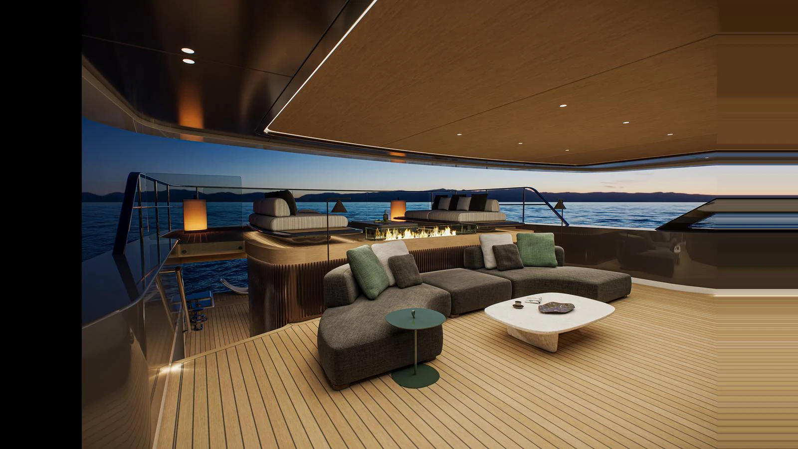 The aft deck features a luxurious seating area with a modern design, perfect for relaxation and enjoying the view. aboard X130 TRIPLEX Yacht for Sale