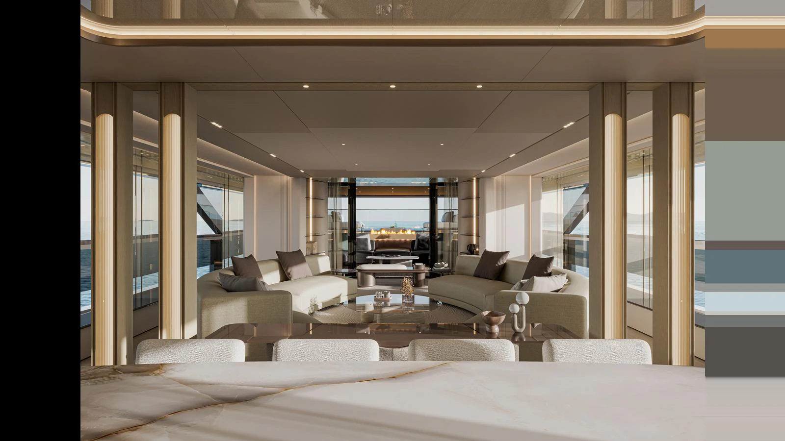 The salon features luxurious seating with panoramic windows and elegant decor. aboard X130 TRIPLEX Yacht for Sale