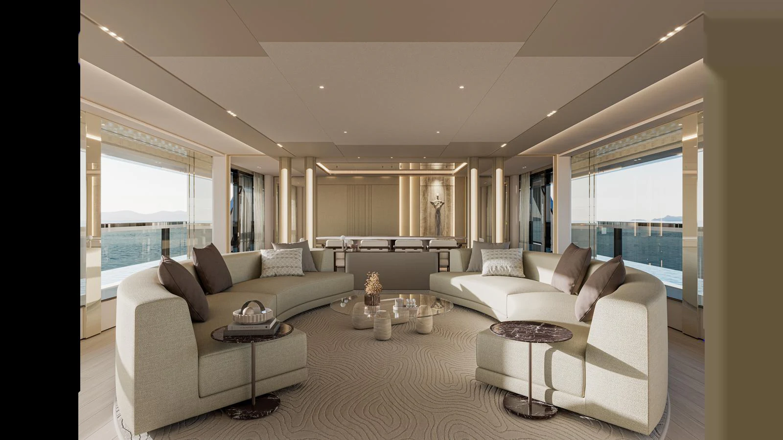 The salon features elegant, curved seating with panoramic ocean views. aboard X130 TRIPLEX Yacht for Sale