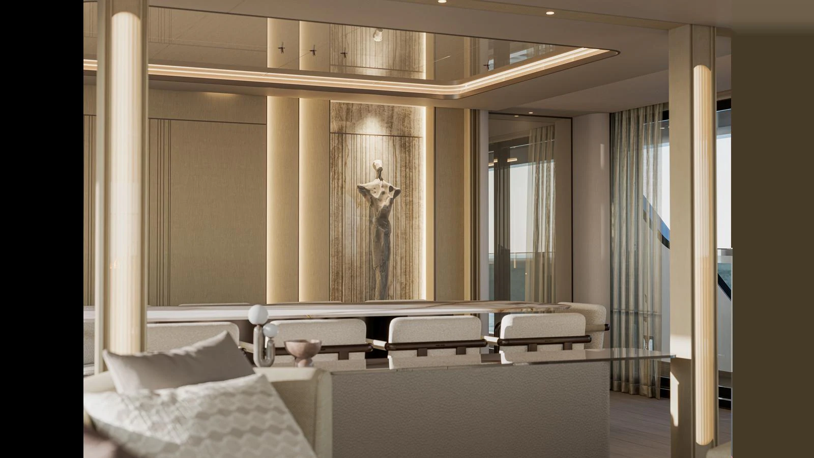 The yacht's interior features a sophisticated lounge area with elegant lighting and modern decor. aboard X130 TRIPLEX Yacht for Sale