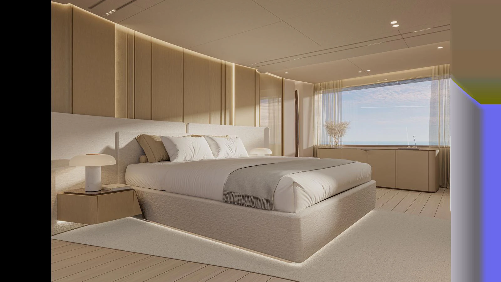 The master stateroom features a luxurious bed with elegant lighting and a large window offering stunning views. aboard X130 TRIPLEX Yacht for Sale