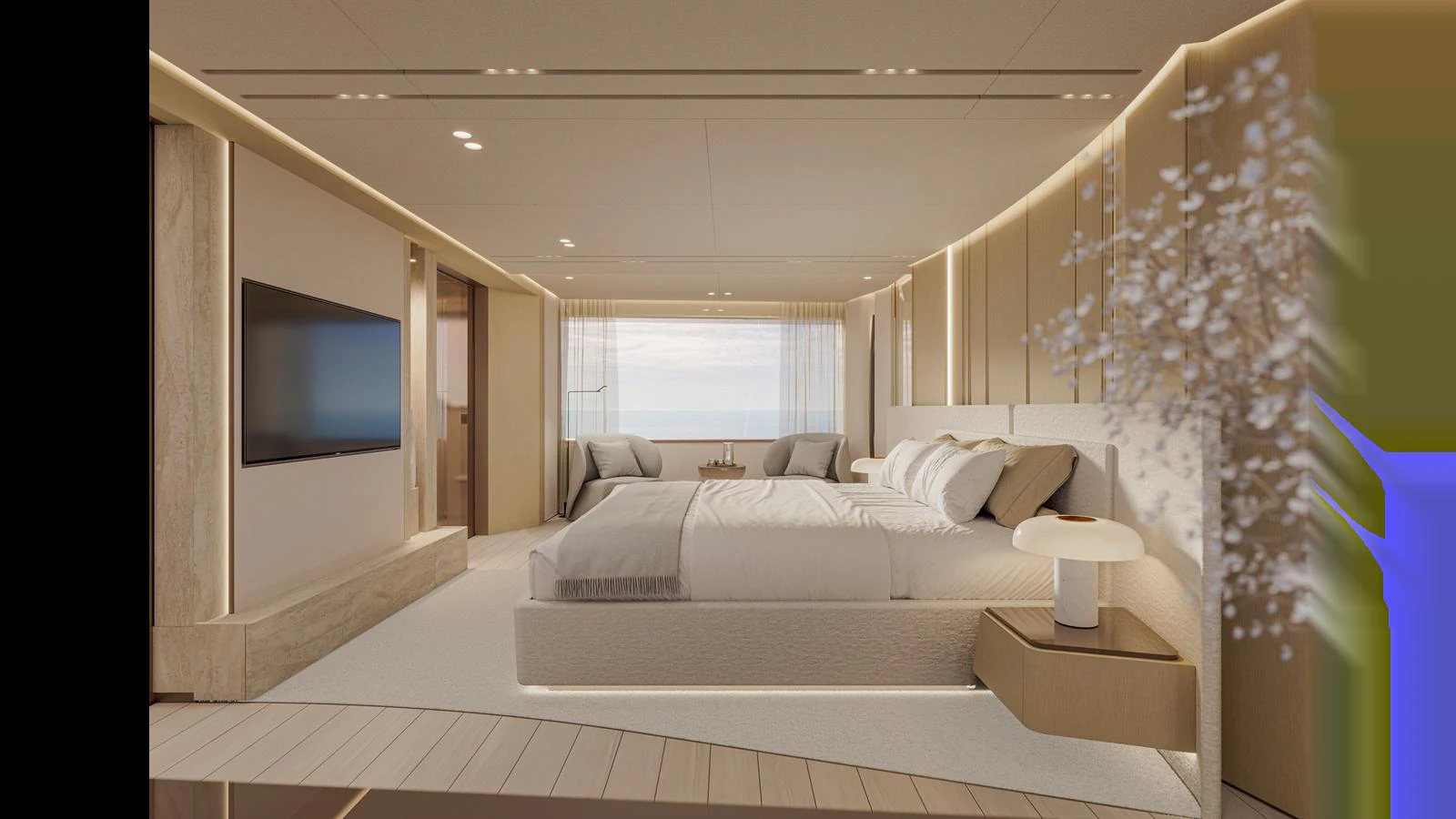 The master stateroom features a luxurious bed, modern decor, and a large window with ocean views. aboard X130 TRIPLEX Yacht for Sale