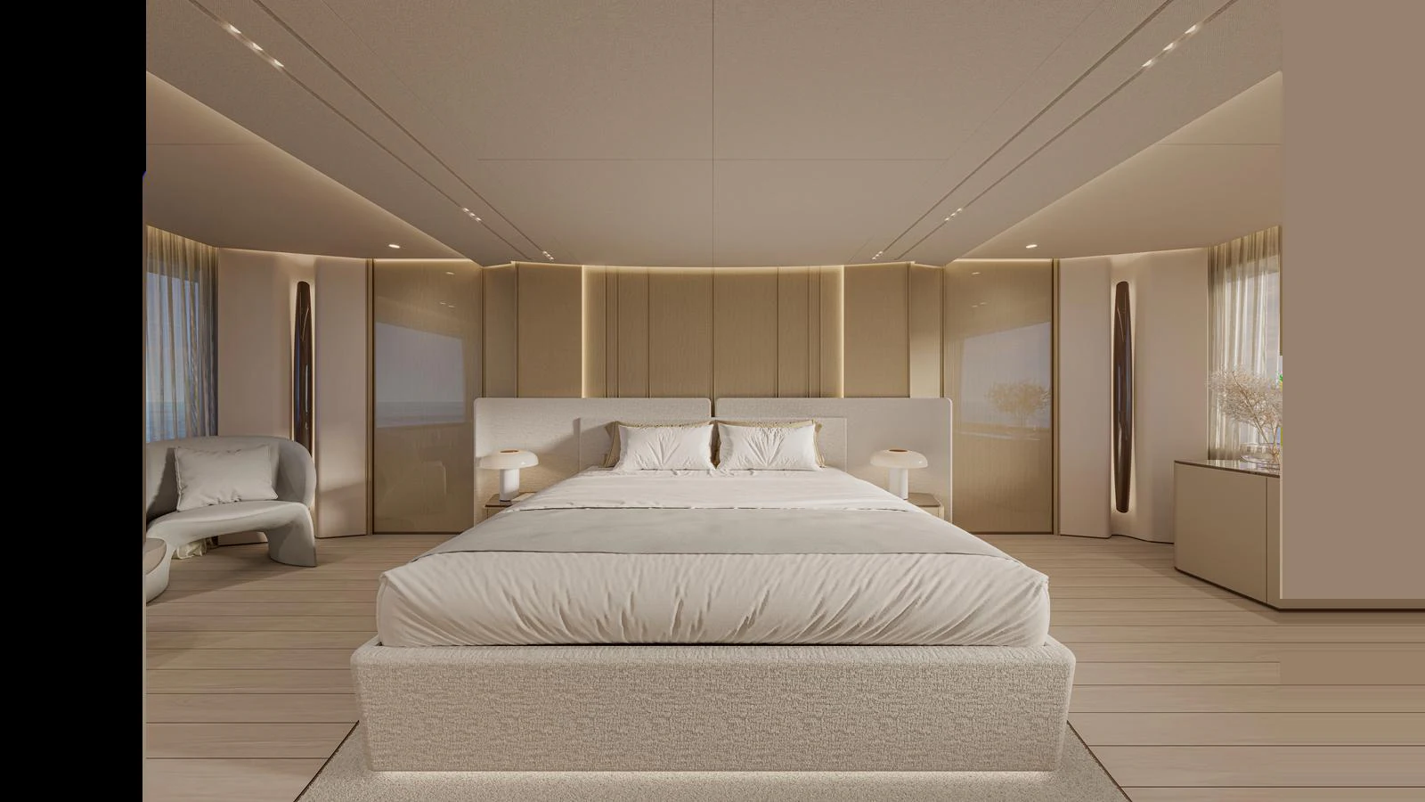 The master stateroom features a luxurious bed with elegant lighting and modern furnishings. aboard X130 TRIPLEX Yacht for Sale