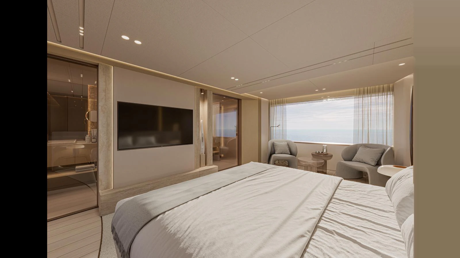 The master stateroom offers a luxurious and serene retreat with a large bed and a seating area by the window. aboard X130 TRIPLEX Yacht for Sale