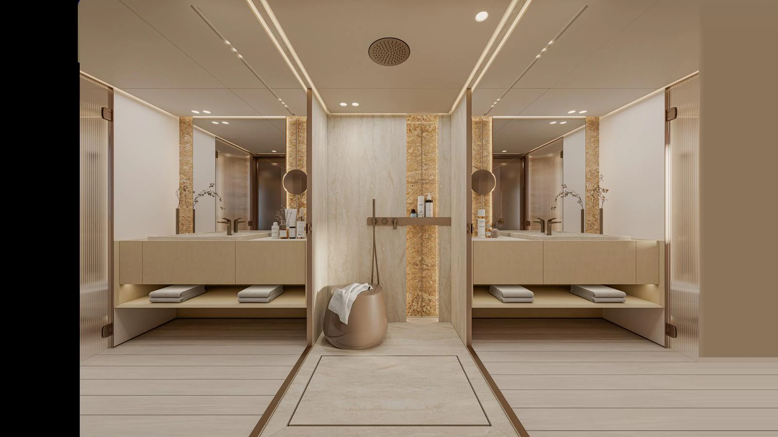 The yacht's bathroom features a luxurious and modern design with elegant fixtures and ample space. aboard X130 TRIPLEX Yacht for Sale