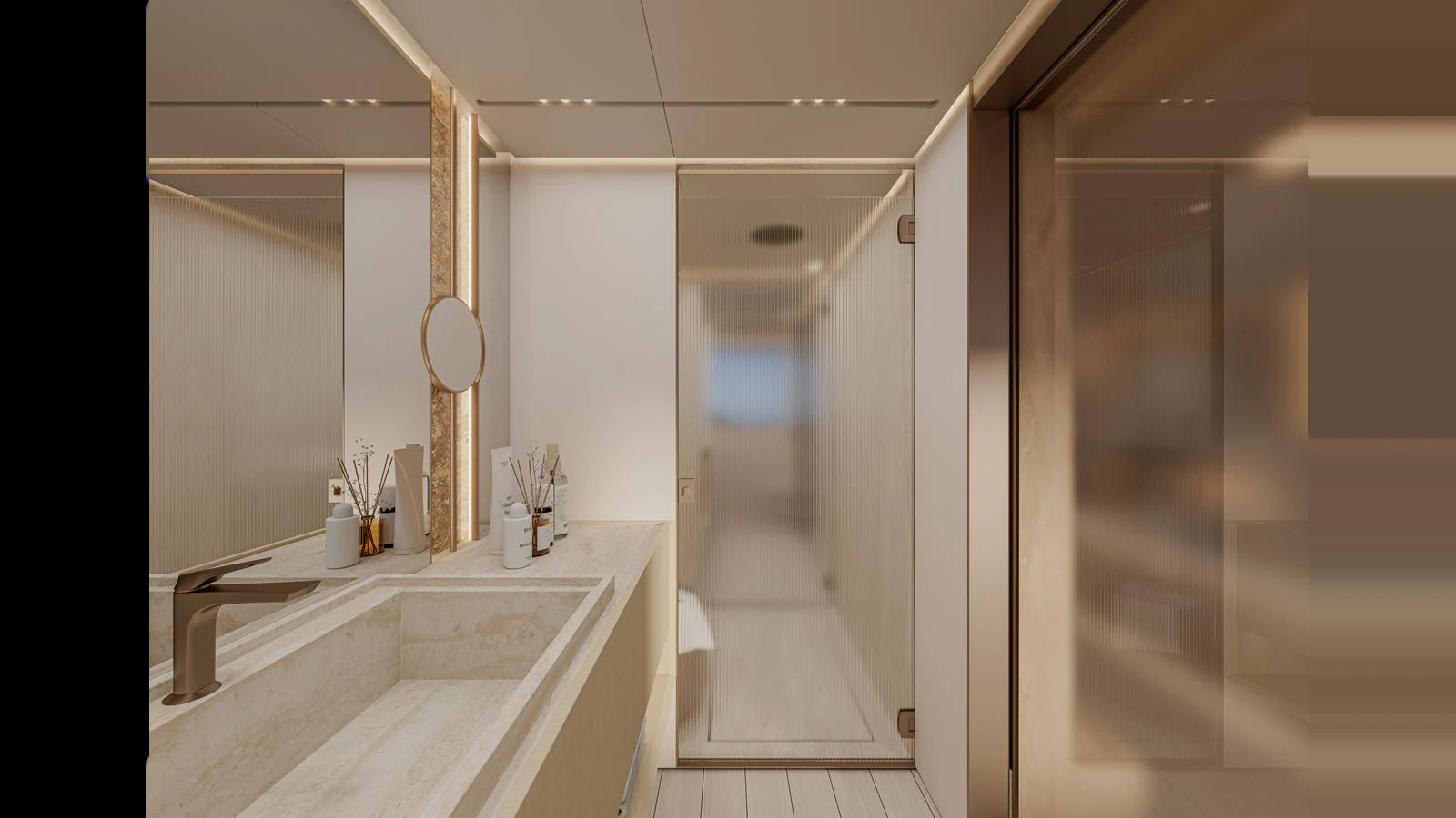 A luxurious yacht bathroom featuring a spacious vanity and a glass-enclosed shower. aboard X130 TRIPLEX Yacht for Sale