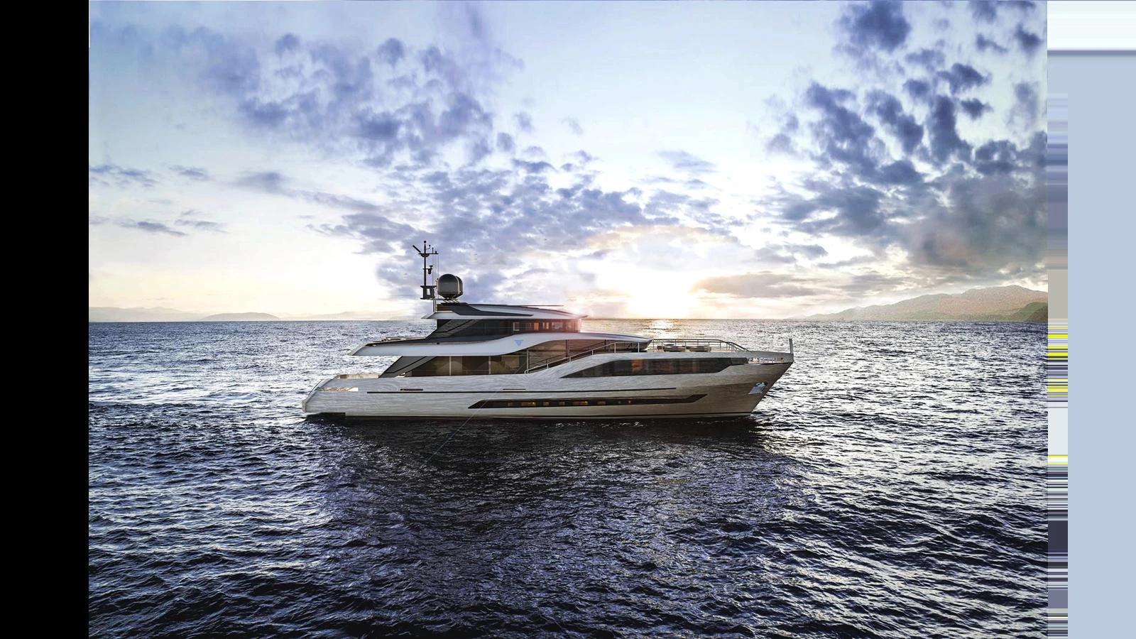 A sleek and modern yacht cruises gracefully on the open sea at sunset. aboard 91' FILIPPETTI NEVETTA 28 Yacht for Sale