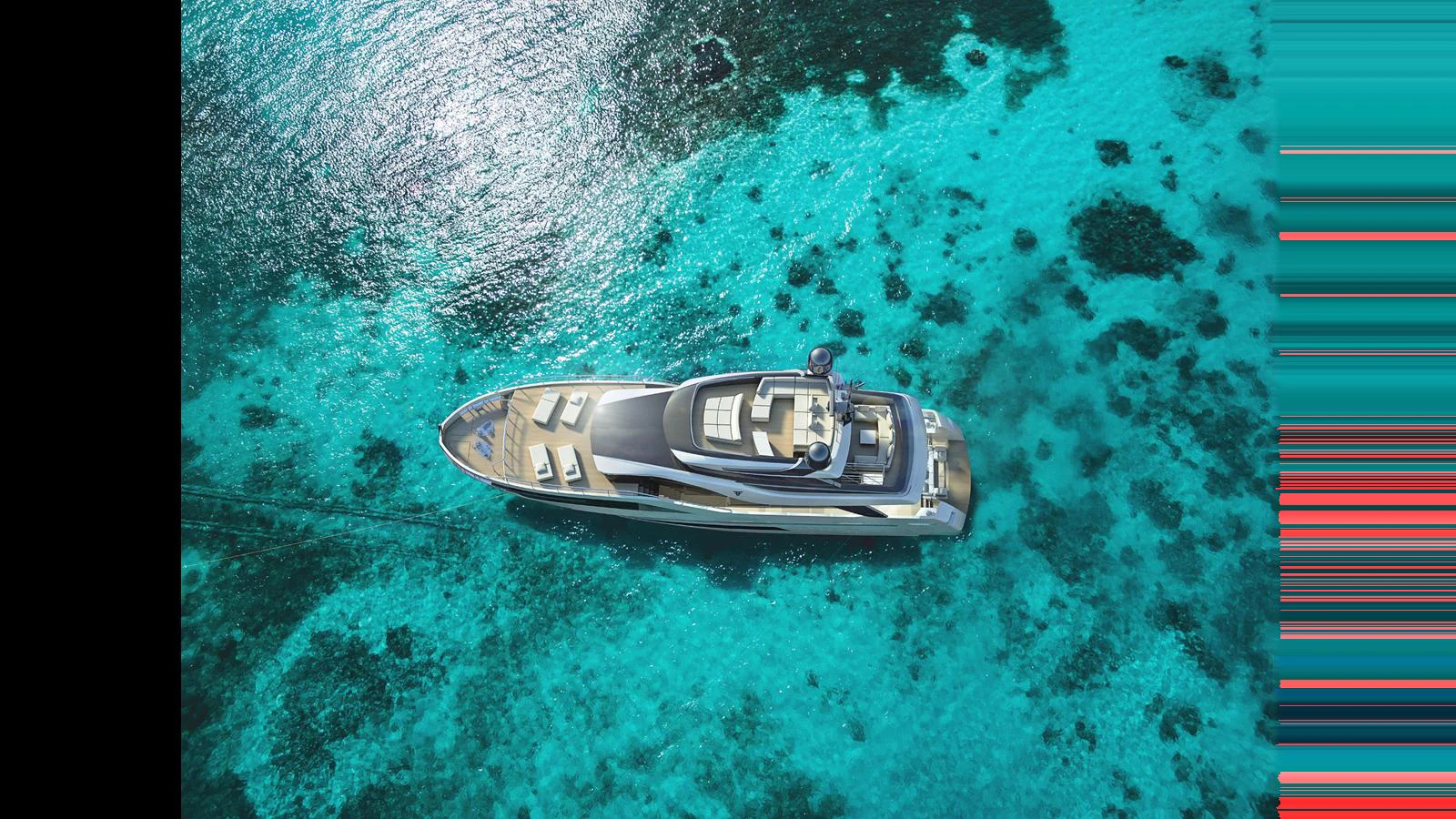 A luxurious yacht glides over crystal-clear turquoise waters, showcasing its sleek design and spacious deck areas. aboard 91' FILIPPETTI NEVETTA 28 Yacht for Sale