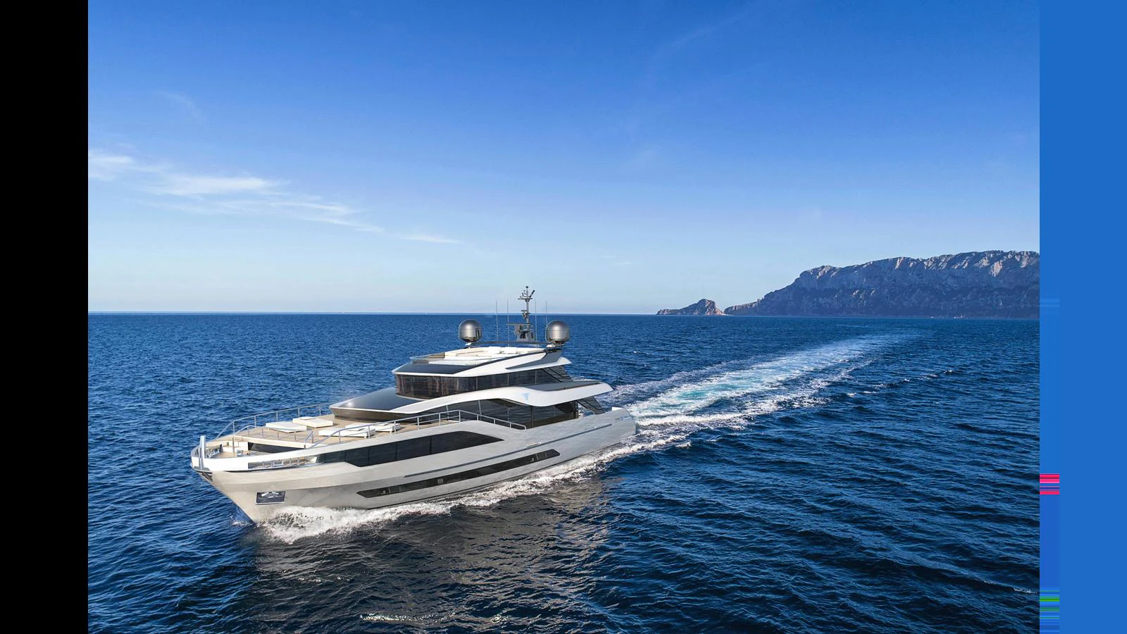 A sleek and modern yacht cruising through clear blue waters with a scenic coastline in the background. aboard 91' FILIPPETTI NEVETTA 28 Yacht for Sale