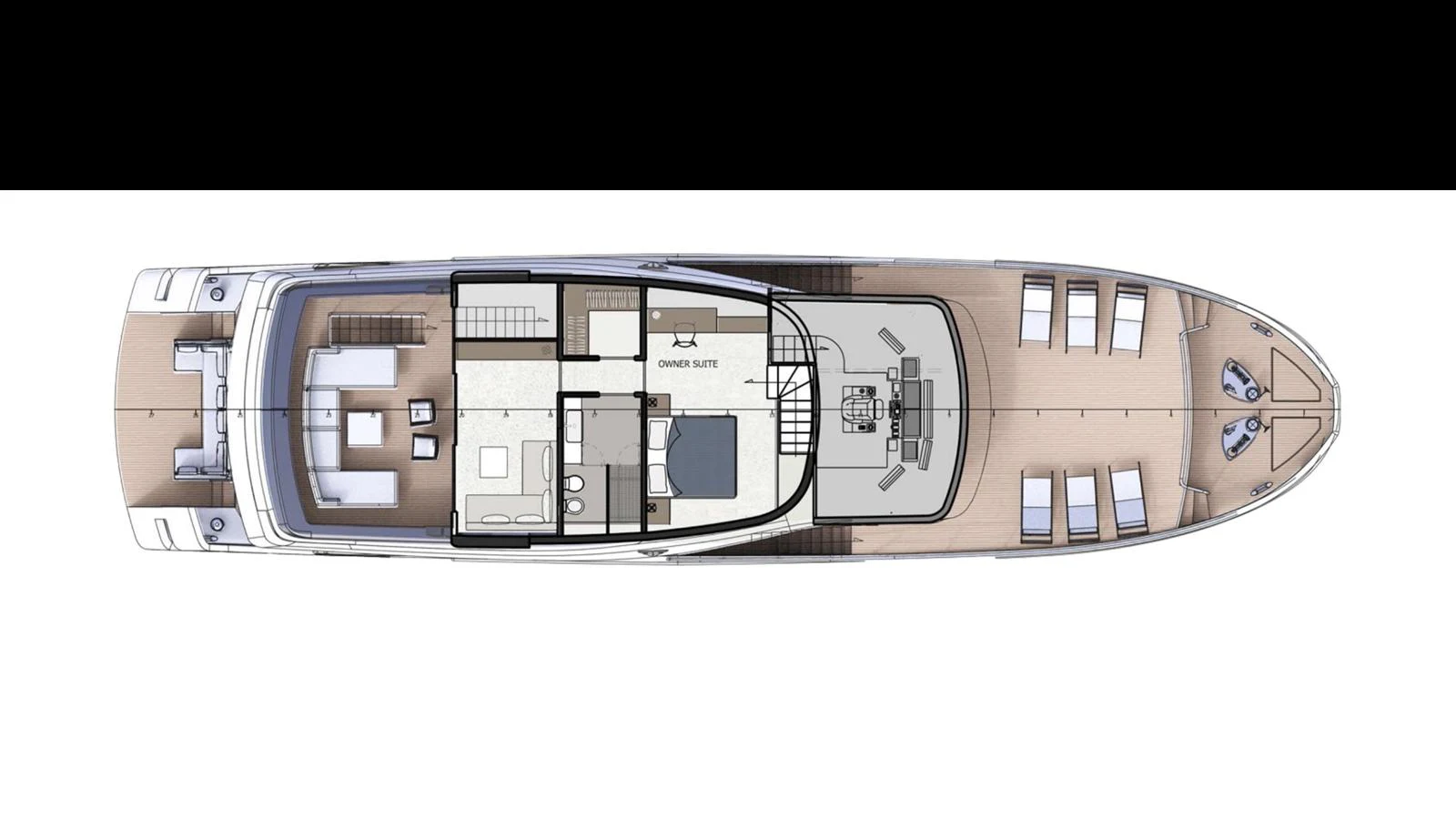 The image showcases a detailed deck plan of a luxury yacht, highlighting various living and recreational areas. aboard 91' FILIPPETTI NEVETTA 28 Yacht for Sale