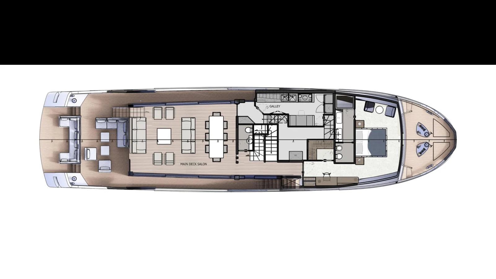 This image showcases the detailed deck plan of the yacht, highlighting the layout and various areas on board. aboard 91' FILIPPETTI NEVETTA 28 Yacht for Sale