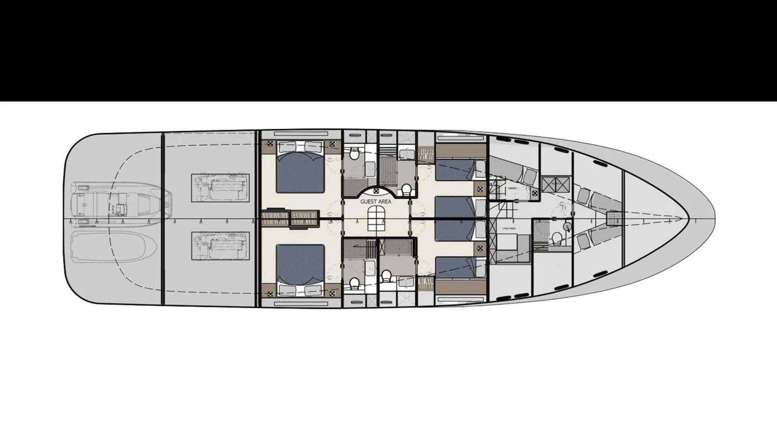 A detailed deck plan showcasing the layout of the yacht's interior spaces. aboard 91' FILIPPETTI NEVETTA 28 Yacht for Sale