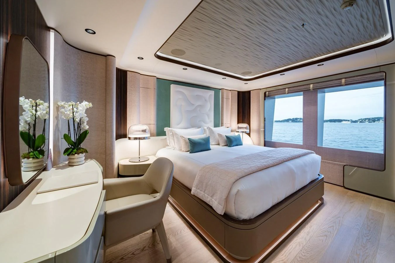 The master stateroom offers a luxurious and serene retreat with panoramic views of the sea. aboard MALIA Yacht for Sale