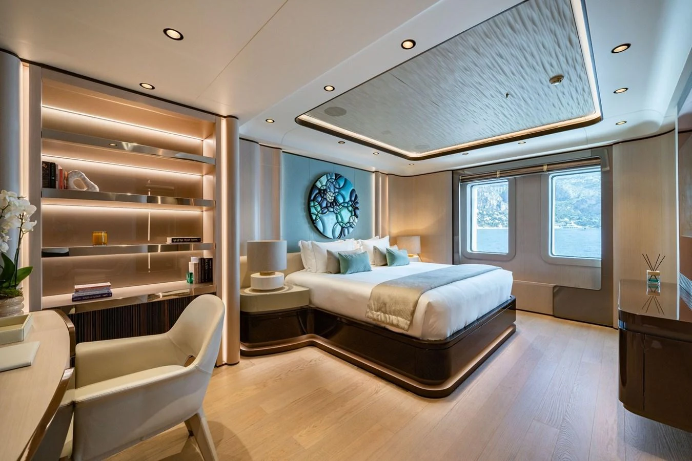 The master stateroom offers a luxurious and serene retreat with elegant furnishings and a beautiful view. aboard MALIA Yacht for Sale