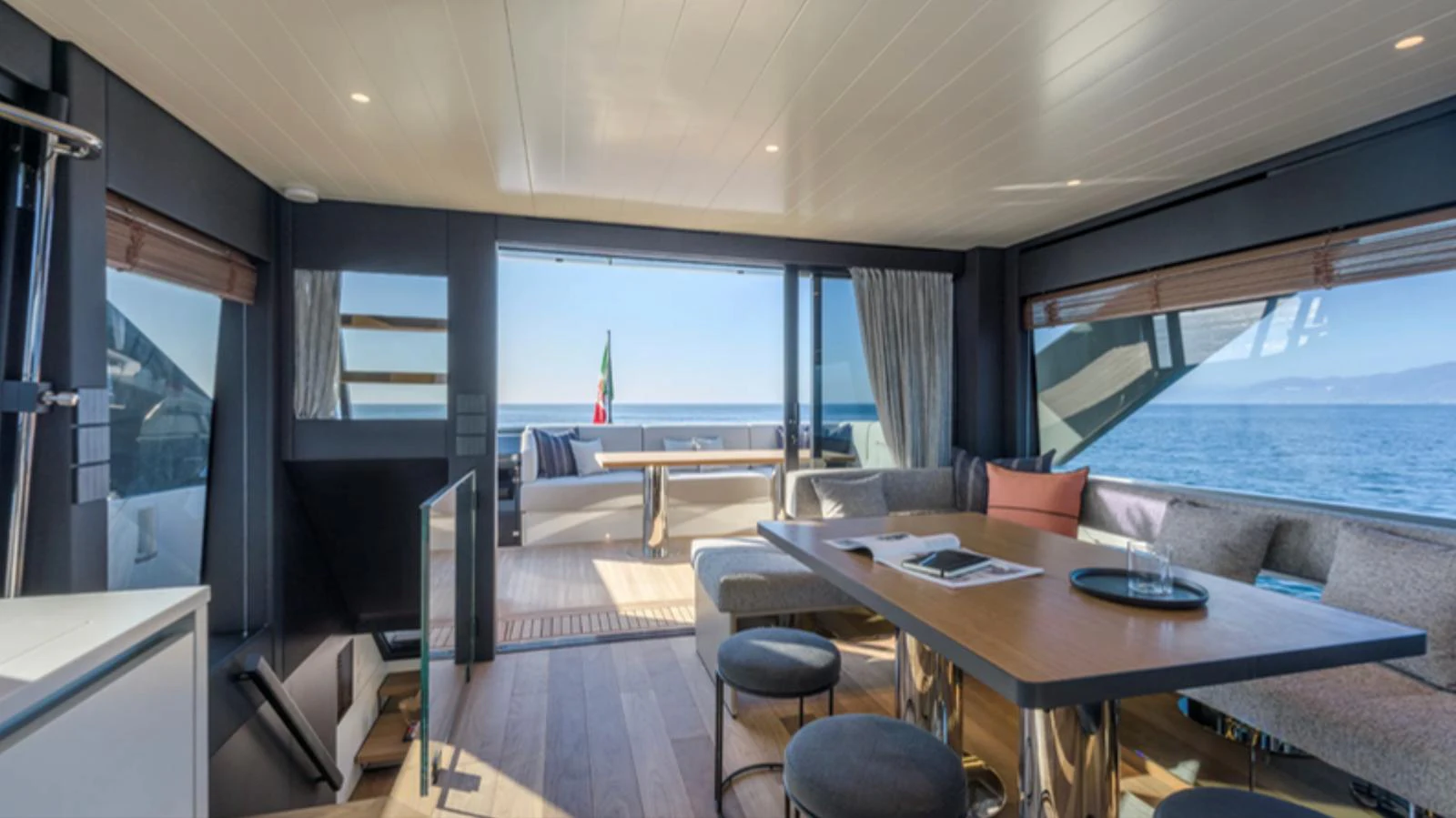 The salon offers a spacious and modern seating area with panoramic views. aboard BARIC Yacht for Sale
