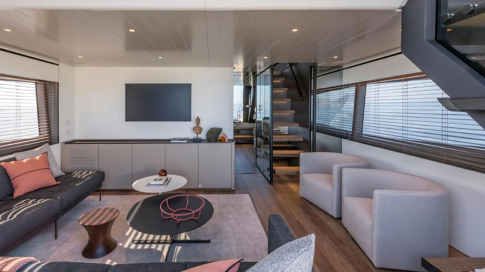 The salon features modern furnishings and ample natural light. aboard BARIC Yacht for Sale