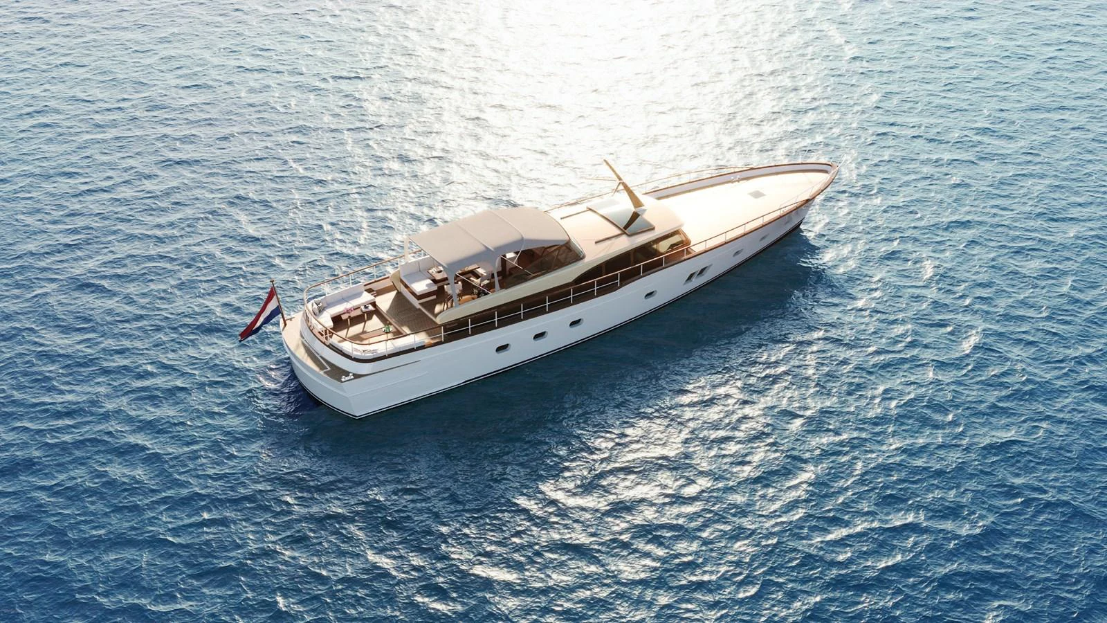 A sleek yacht glides gracefully on the open sea under the warm sunlight. aboard FEADSHIP NEW CLASSIC Yacht for Sale