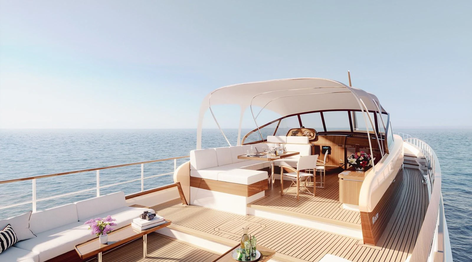 The flybridge offers a spacious and elegant outdoor area with comfortable seating and stunning ocean views. aboard FEADSHIP NEW CLASSIC Yacht for Sale