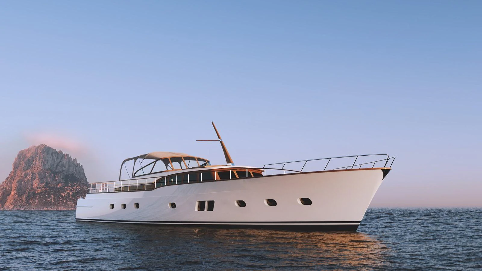 A sleek yacht glides gracefully on calm waters with a rocky island in the background. aboard FEADSHIP NEW CLASSIC Yacht for Sale