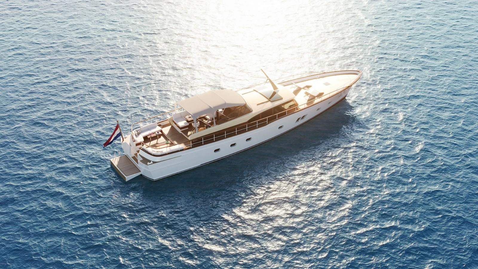A sleek yacht glides gracefully on the shimmering water under the bright sun. aboard FEADSHIP NEW CLASSIC Yacht for Sale