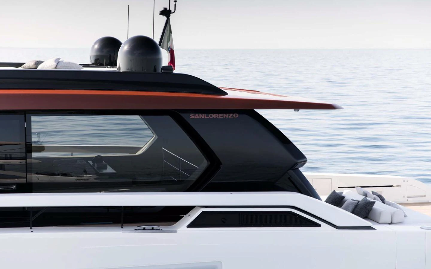 A sleek yacht exterior with modern design elements and a touch of luxury. aboard STEEL IT Yacht for Sale