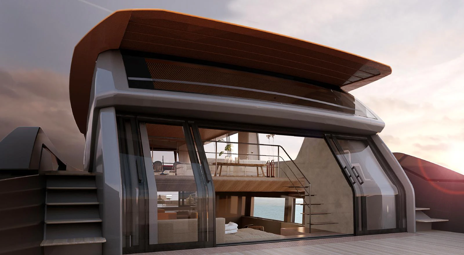 A modern yacht with sleek lines and expansive glass windows, showcasing a luxurious and contemporary design. aboard STEEL IT Yacht for Sale