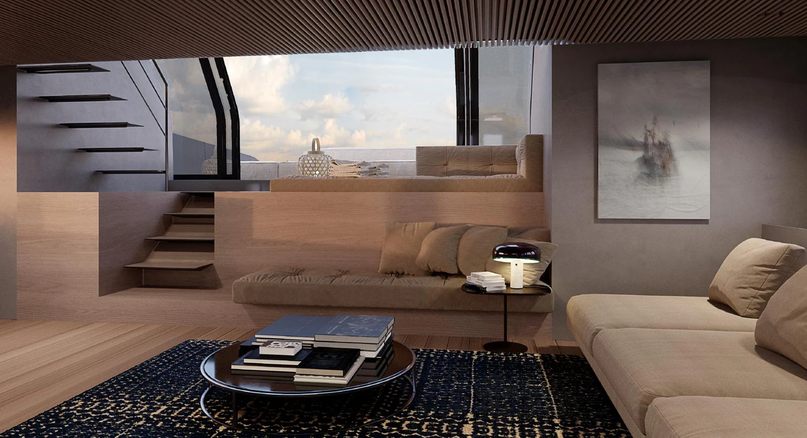 The yacht's interior features a modern and cozy living area with a stylish staircase and large windows offering a scenic view. aboard STEEL IT Yacht for Sale