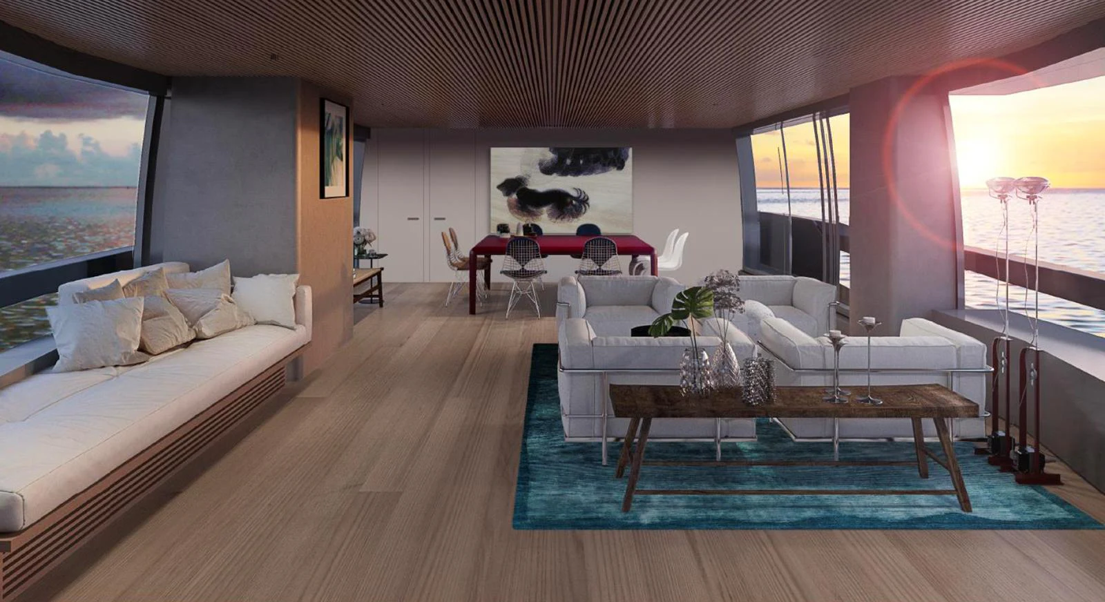 The salon features elegant seating with a stunning ocean view through large windows. aboard STEEL IT Yacht for Sale