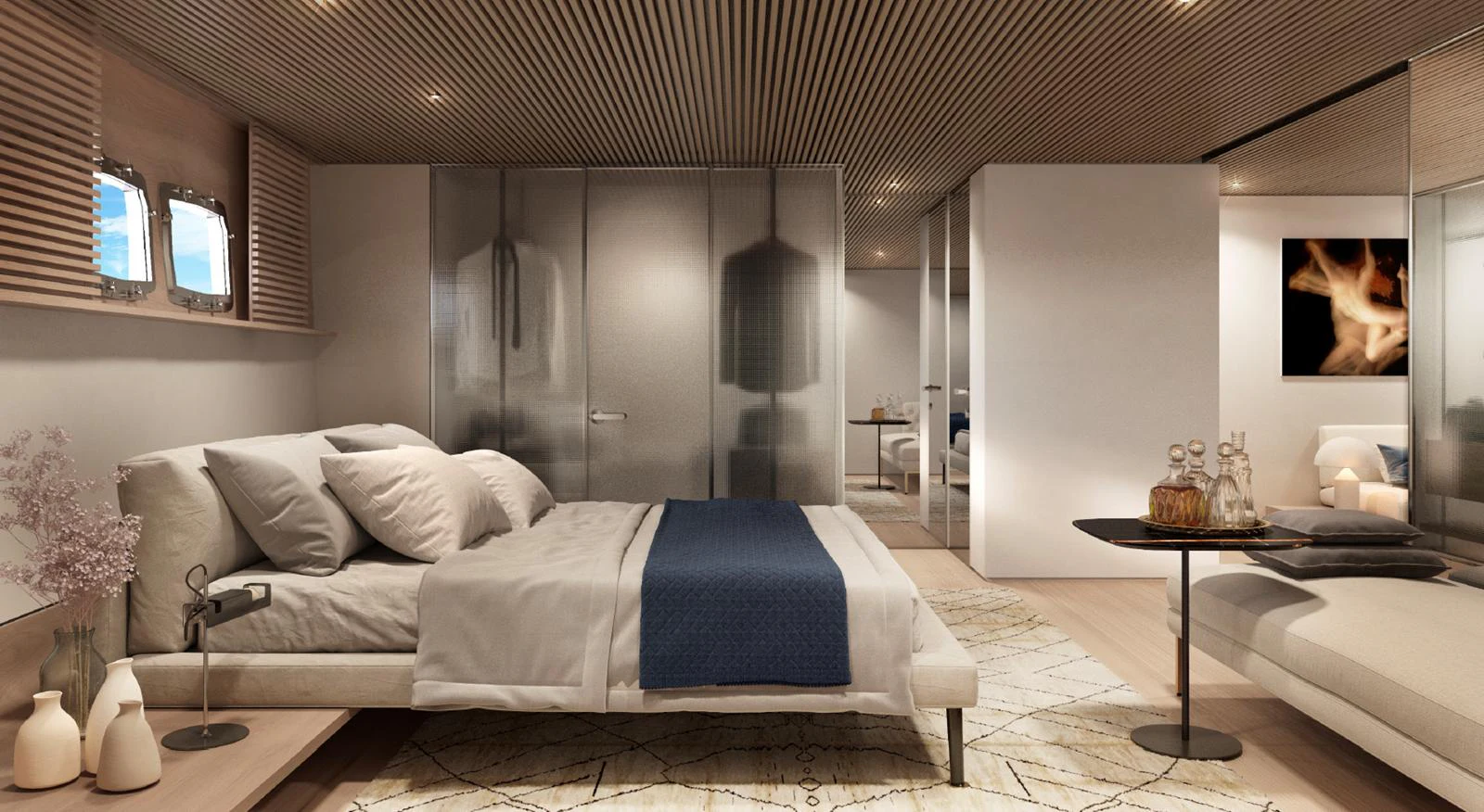 The stateroom features a luxurious bed with elegant decor and modern furnishings. aboard STEEL IT Yacht for Sale