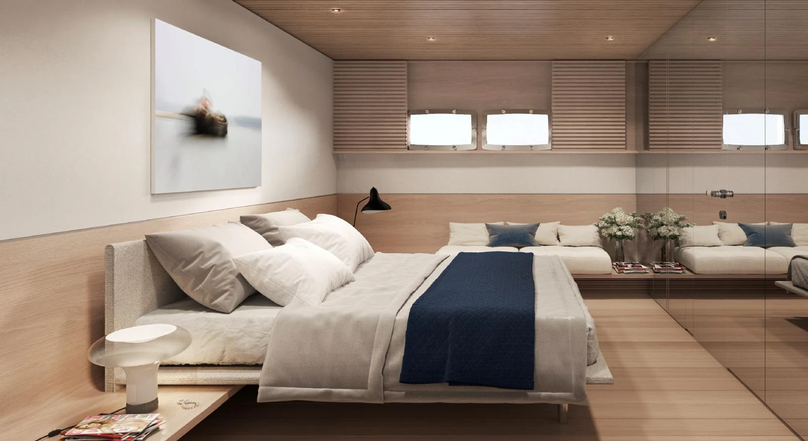 The stateroom features a luxurious bed with elegant decor and ample natural light. aboard STEEL IT Yacht for Sale