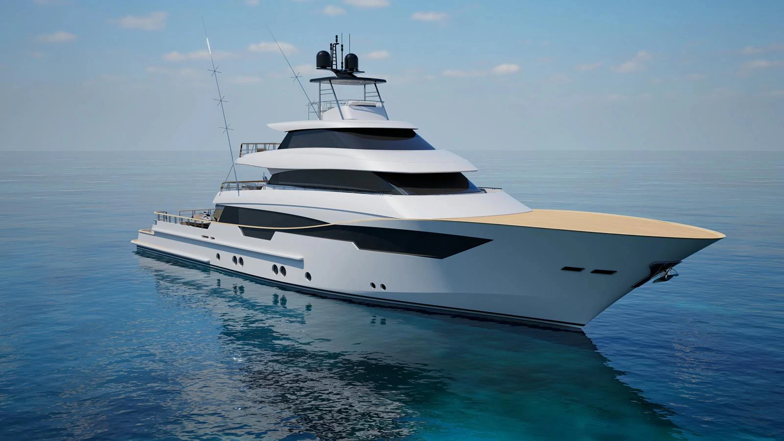 A sleek and modern yacht glides gracefully on calm waters under a clear sky. aboard FREEDOM Yacht for Sale