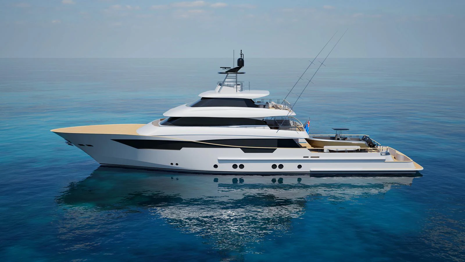 A sleek and modern yacht glides gracefully on calm, clear waters. aboard FREEDOM Yacht for Sale