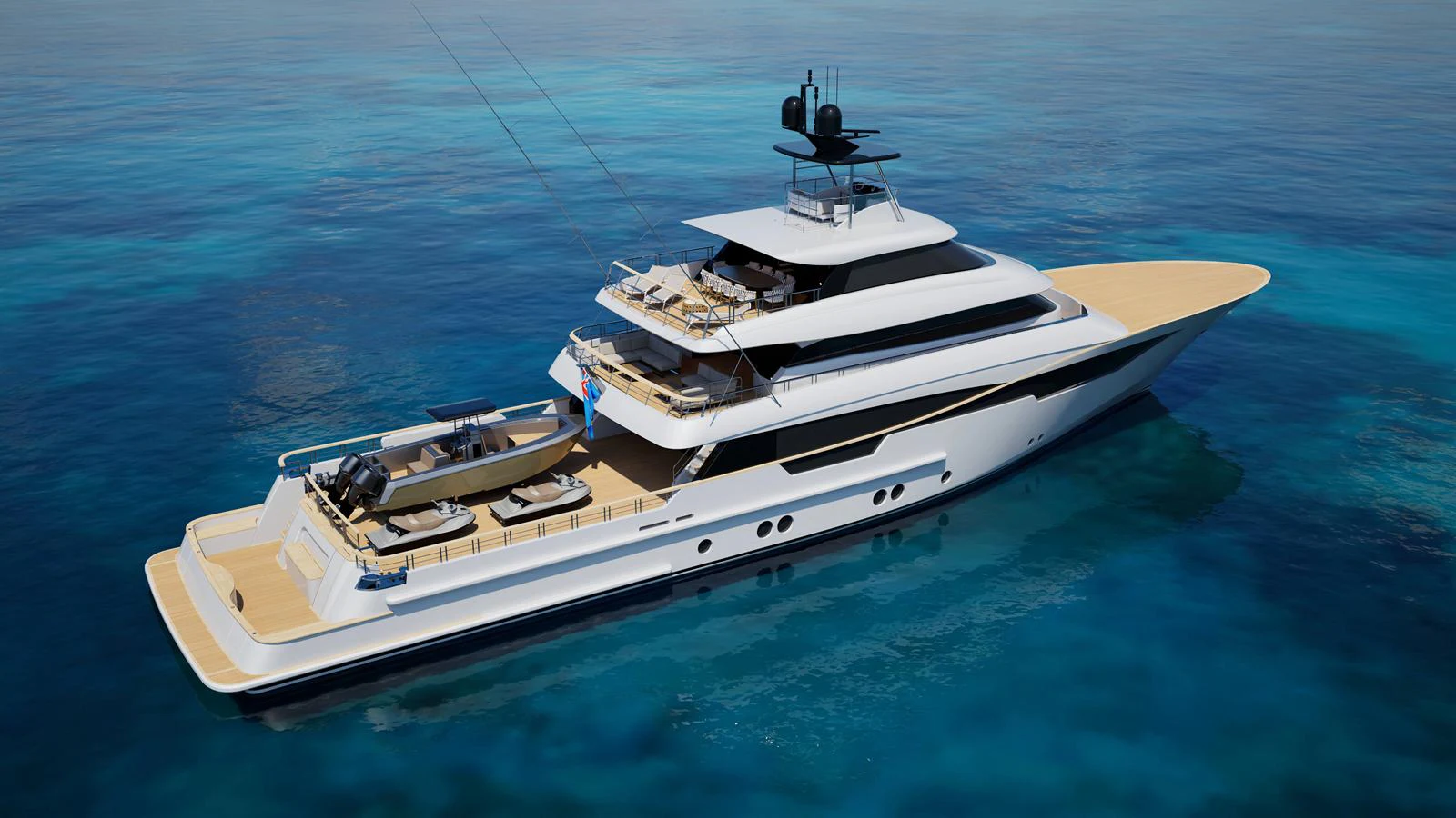 A sleek and modern yacht glides gracefully on clear blue waters. aboard FREEDOM Yacht for Sale