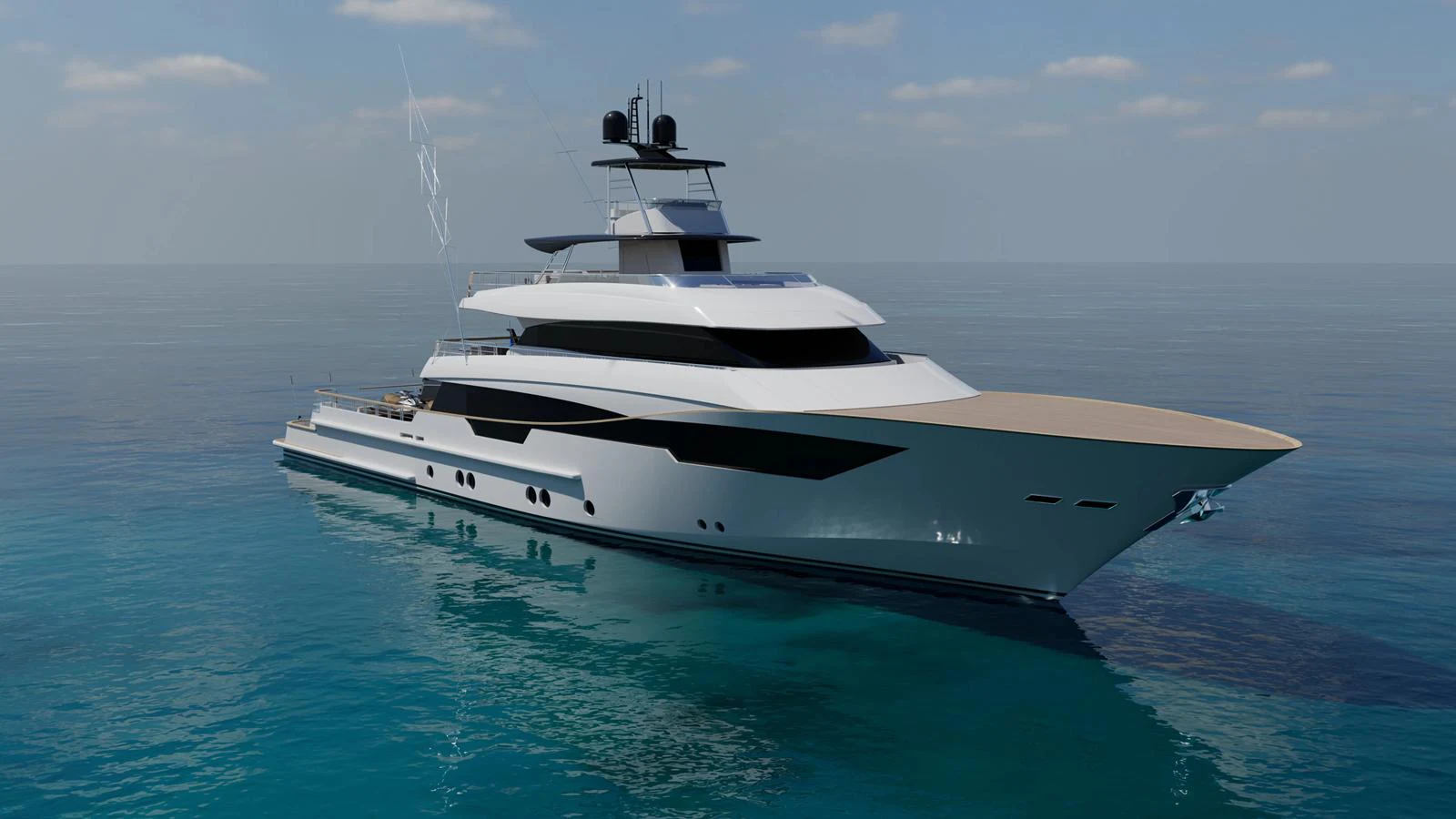 A sleek and modern yacht glides gracefully on calm, clear waters under a partly cloudy sky. aboard FREEDOM Yacht for Sale