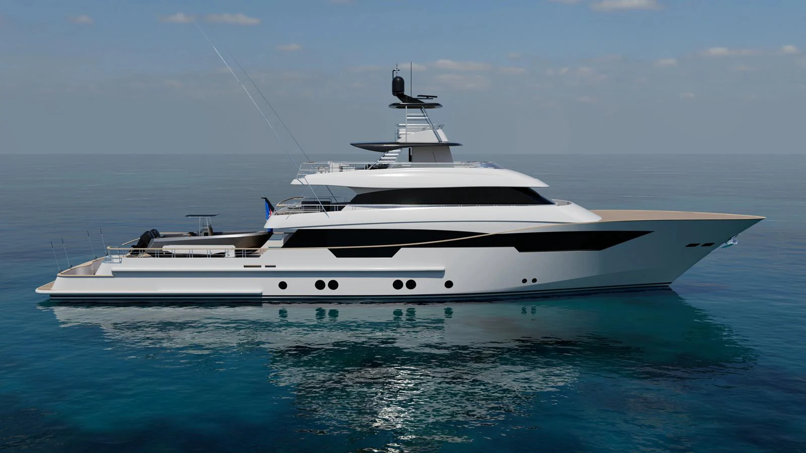A sleek and modern yacht cruising on calm waters under a clear sky. aboard FREEDOM Yacht for Sale