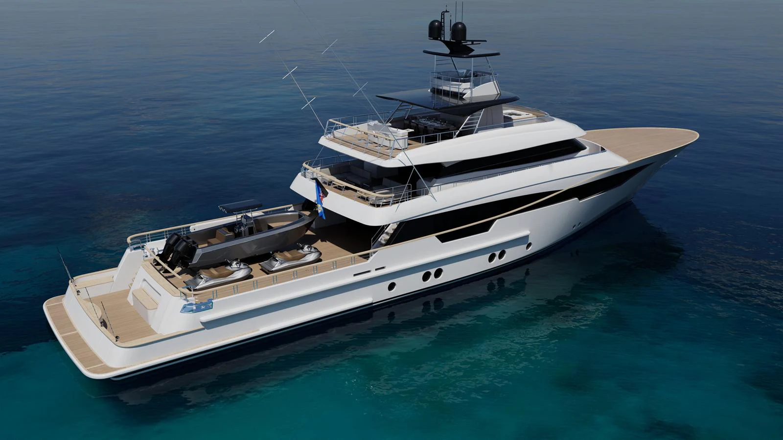 A sleek and modern yacht glides gracefully on calm waters, showcasing its luxurious design and spacious decks. aboard FREEDOM Yacht for Sale