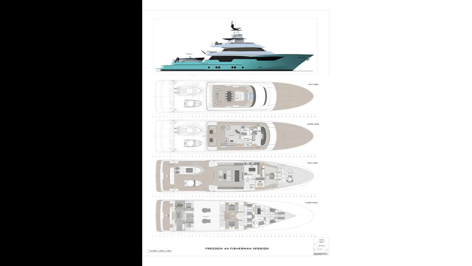 This image showcases the layout and design plans of a luxurious yacht, highlighting its various decks and amenities. aboard FREEDOM Yacht for Sale
