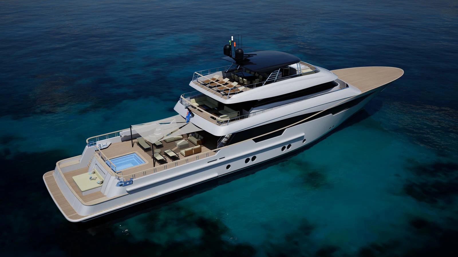 A sleek and modern yacht glides gracefully over clear blue waters, showcasing its luxurious design and spacious decks. aboard FREEDOM Yacht for Sale
