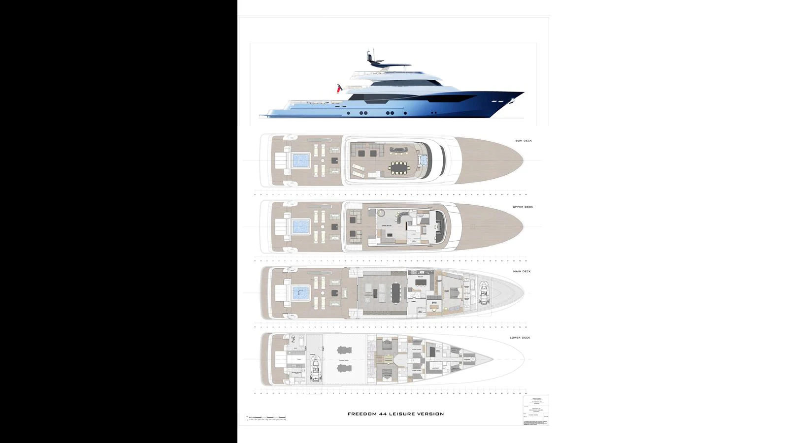 This image showcases the detailed deck plans of a luxury yacht, highlighting its various levels and amenities. aboard FREEDOM Yacht for Sale
