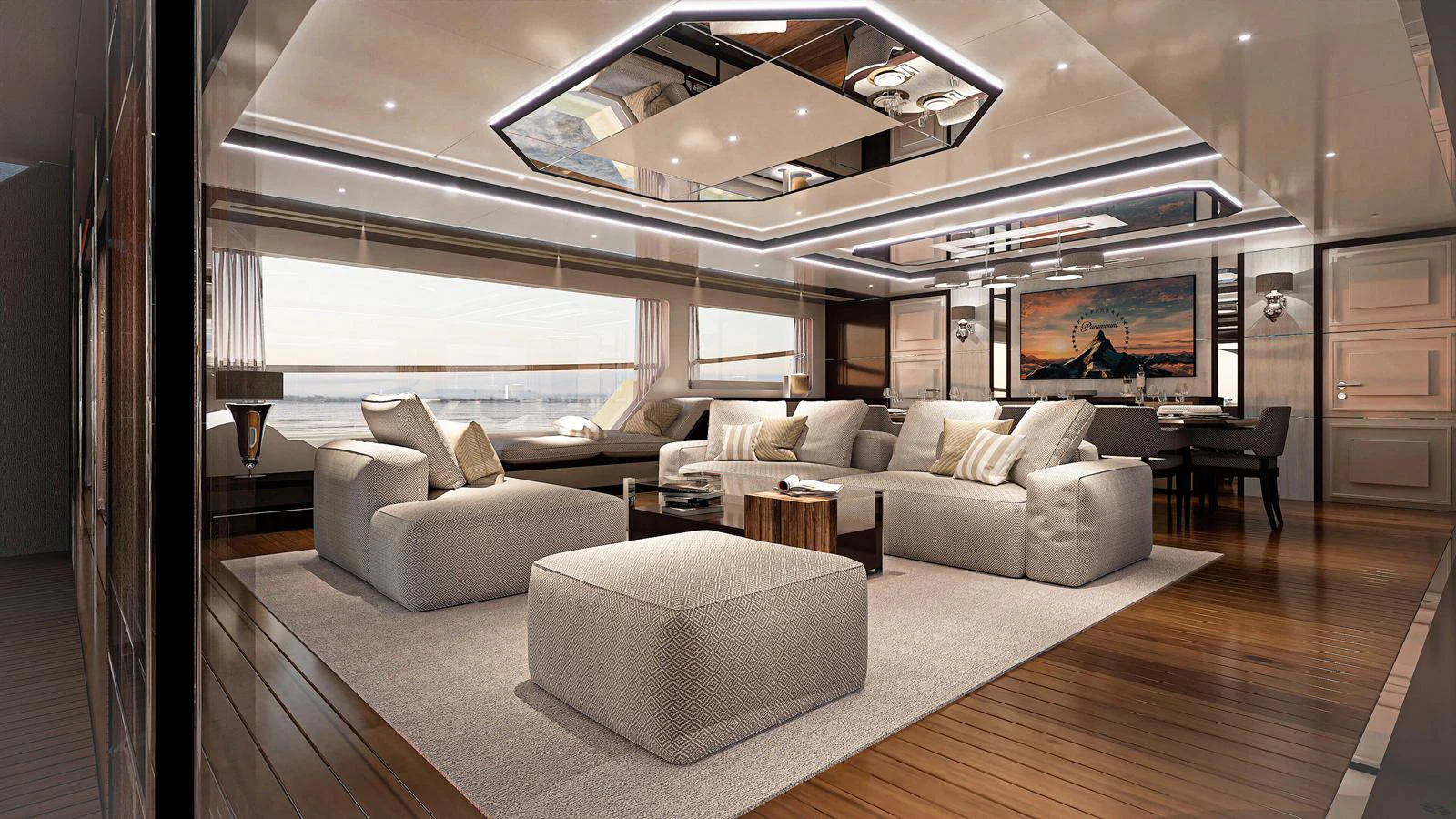 The salon features luxurious seating and elegant decor with ample natural light. aboard FREEDOM Yacht for Sale