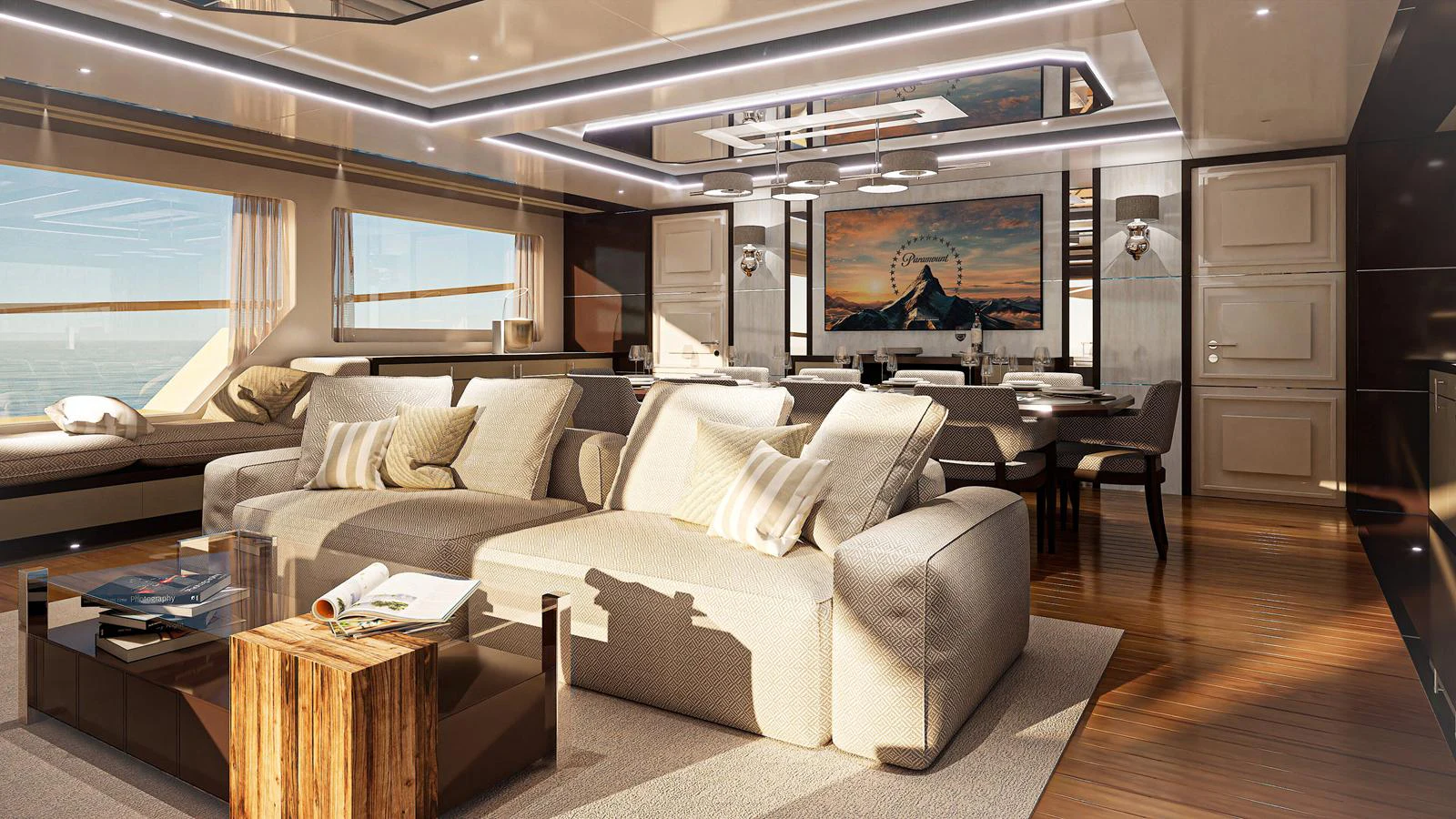The salon features luxurious seating with elegant decor and ample natural light. aboard FREEDOM Yacht for Sale