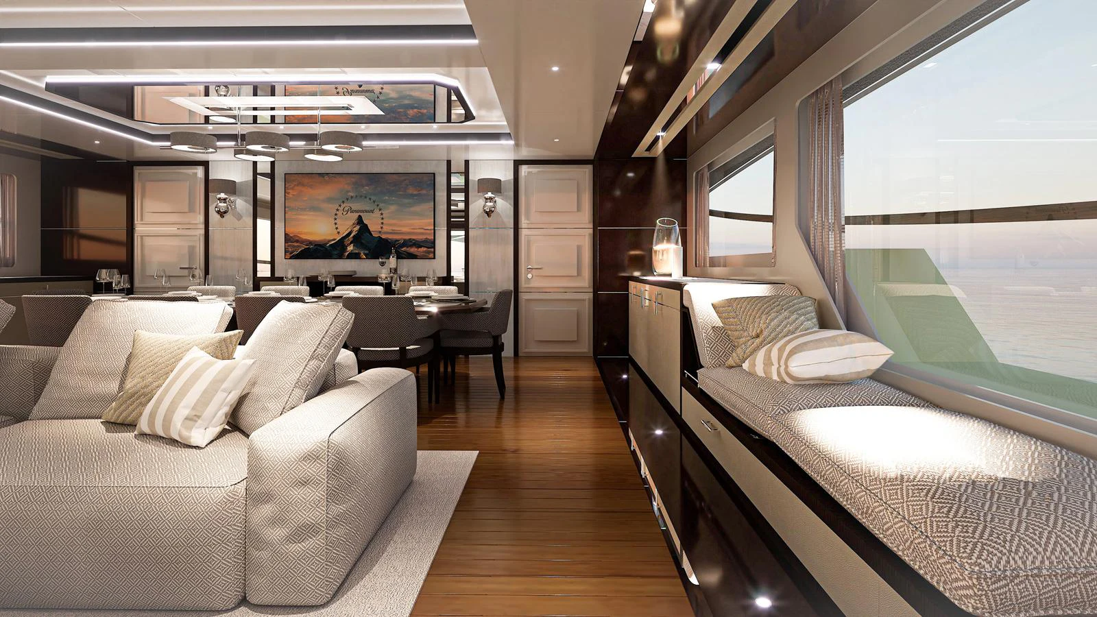 The salon offers a luxurious and spacious seating area with large windows providing stunning views. aboard FREEDOM Yacht for Sale